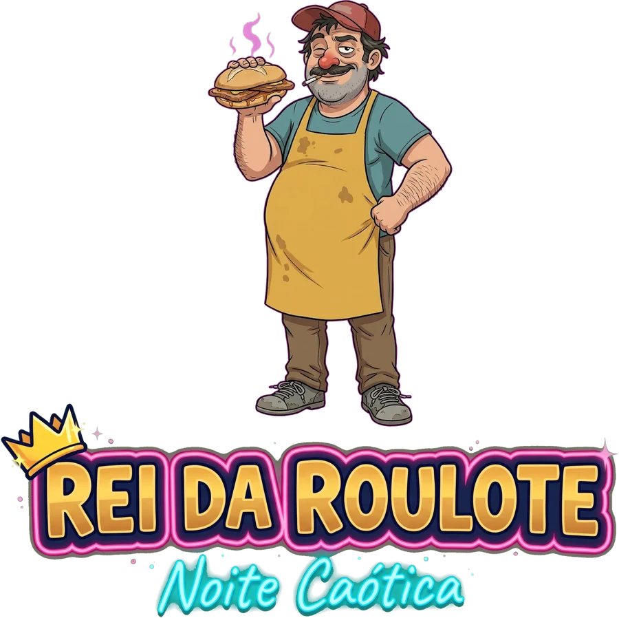 O Zé Banha, de bifana a fumegar na mão, a piscar o olho em cima do logótipo Rei da Roulote: Noite Caótica